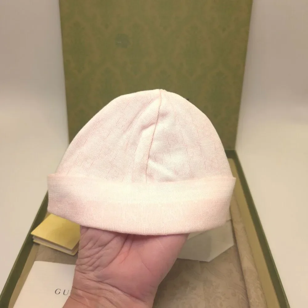 Gucci Baby GG Wool Beanie Pink White Size L 50 16cm Italy Box Tags